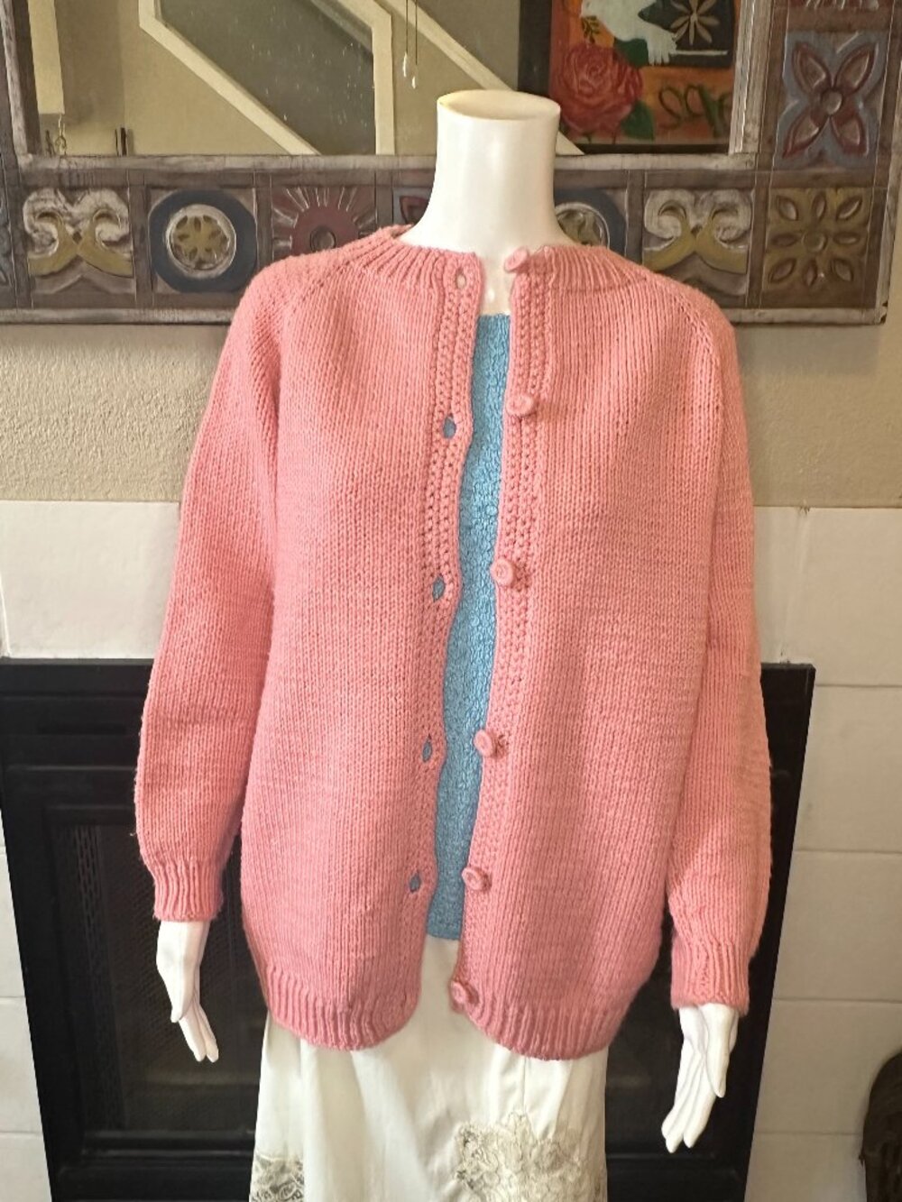 Vtg Hand Knitted Pastel Pink Chunky Knit Heavy Button Up Cardigan Jacket XL